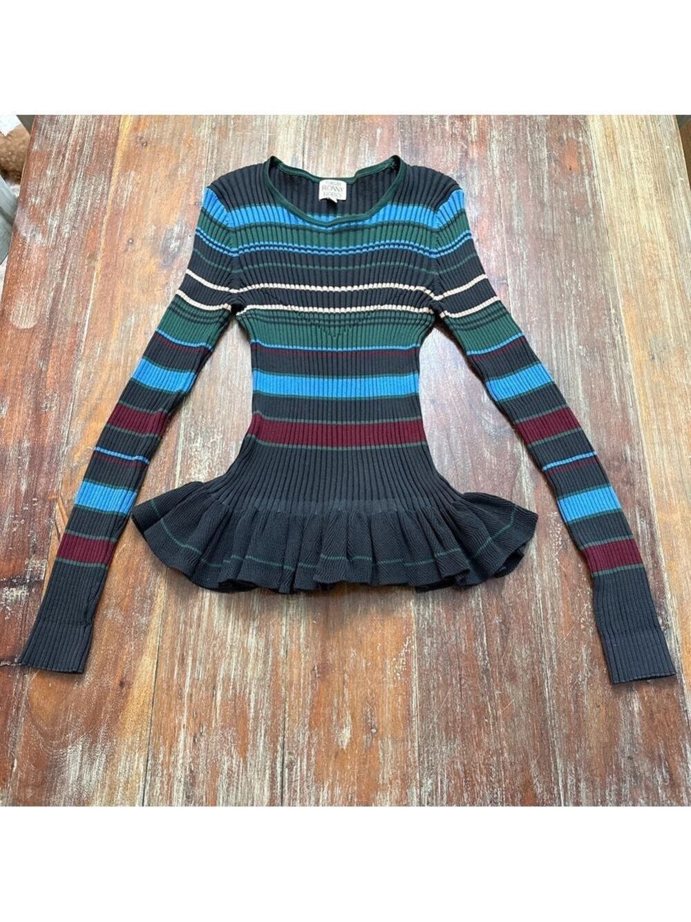 Torn by Ronny Kobo Striped Crew Neck Peplum Sweater Medium